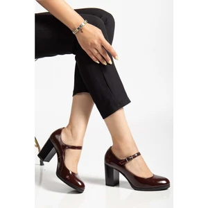 Kadın Hakiki Deri Bantlı Topuklu Ayakkabı  - Bordo Rugan