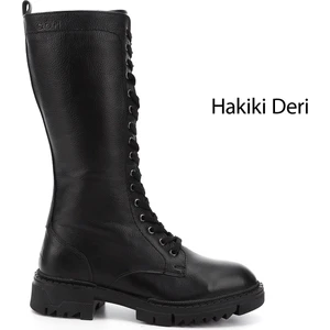 Kadın Siyah Fermuarlı Kalın Topuklu Hakiki Deri Postal Çizme