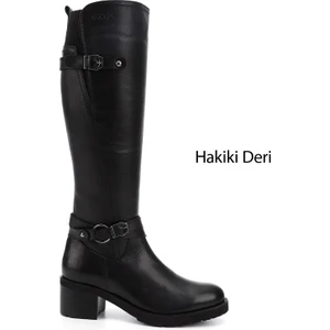 Gön Hakiki Deri Yuvarlak Burun Kauçuk Taban Topuklu Fermuarlı Tokalı Kadın Çizme 44562