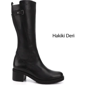 Kadın Siyah Fermuarlı Kalın Topuklu Hakiki Deri Çizme
