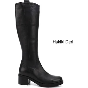 Kadın Siyah Fermuarlı Kalın Topuklu Hakiki Deri Çizme