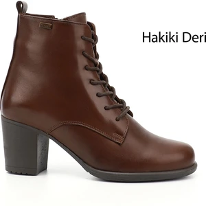 Kadın Kahve Fermuarlı Kalın Topuklu Hakiki Deri Postal Bot