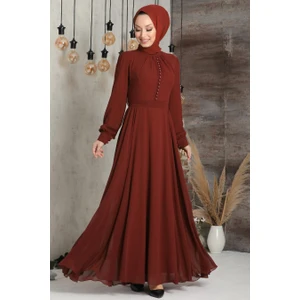 Düğme Detaylı Kiremit Tesettür Elbise 2703KRMT
