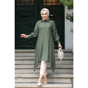 Asimetrik Detaylı Haki Tesettür Tunik 615HK