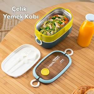 66729 Stainless Steel Vakumlu Lunch Box Iki Katlı Paslanmaz Çelik Kolay Kilitlenir Kendinden Kaşıklı Sefer Tası – 1300ML Mavi-Sarı