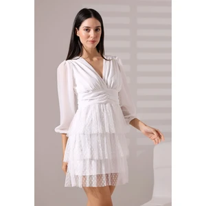 Mois Atelier Fırfırlı Beyaz Ponpon Tül Büzgülü Mini Abiye Nikah Elbise Tasarım Hediye Büyük Beden