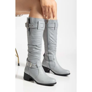 Kadın Hakiki Deri Körüklü Ayarlanabilir Tokalı Çizme - Gri