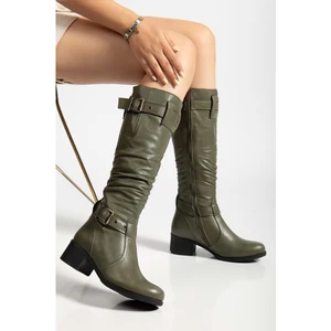 Kadın Hakiki Deri Körüklü Ayarlanabilir Tokalı Çizme - Yeşil