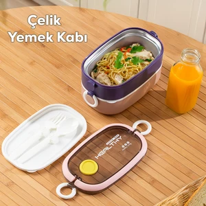 66729-1 Stainless Steel Vakumlu Lunch Box Iki Katlı Paslanmaz Çelik Kolay Kilitlenir Kendinden Kaşıklı Sefer Tası – 1300ML Pembe-Lila