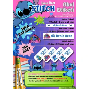 Stitch Temalı Kişiye Özel Suya Dayanıklı Okul Etiketi Seti - 258 Adet Isimli Etiket