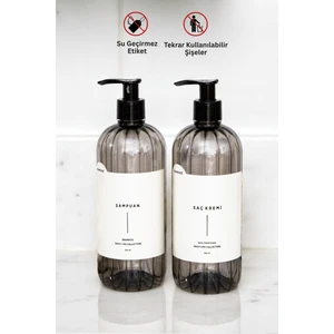 Şampuan Ve Saç Kremi Etiketli Pompalı Plastik Şişe Seti 2'li Füme Sabunluk 500 ml