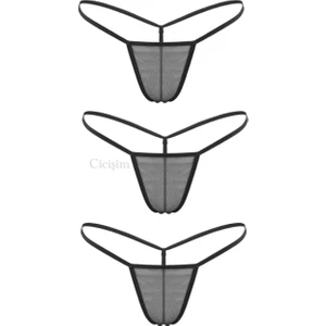 Siyah 3'lü Transparan Büyük Beden Seçenekli Tanga String Iç Giyim