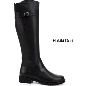 Kadın Siyah Fermuarlı Kauçuk Taban Hakiki Deri Çizme