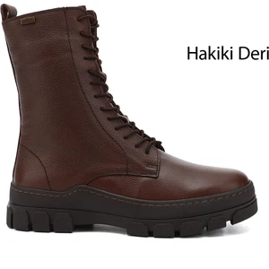 Kadın Kahve Fermuarlı Kauçuk Taban Hakiki Deri Postal Bot