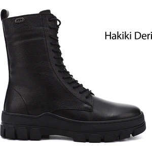 Kadın Siyah Fermuarlı Kauçuk Taban Hakiki Deri Postal Bot