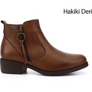 Kadın Taba Fermuarlı Kalın Topuklu Hakiki Deri Bot