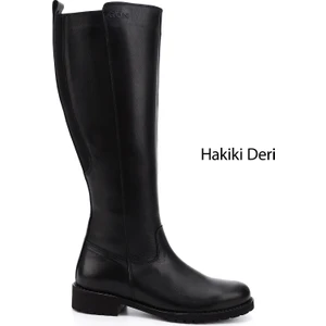 Kadın Siyah Fermuarlı Kauçuk Taban Hakiki Deri Çizme