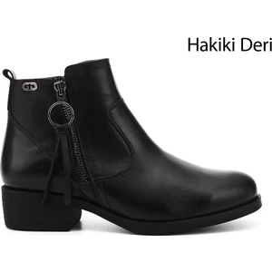 Kadın Siyah Fermuarlı Kalın Topuklu Hakiki Deri Bot