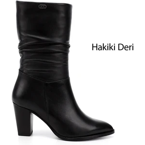 Kadın Siyah Sivri Burun Körüklü Kalın Topuklu Hakiki Deri Çizme