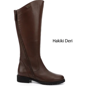 Kadın Kahve Çift Fermuarlı Kauçuk Taban Hakiki Deri Çizme