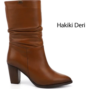 Kadın Taba Sivri Burun Körüklü Kalın Topuklu Hakiki Deri Çizme