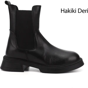 Kadın Siyah Kalın Taban Hakiki Deri Chelsea Bot