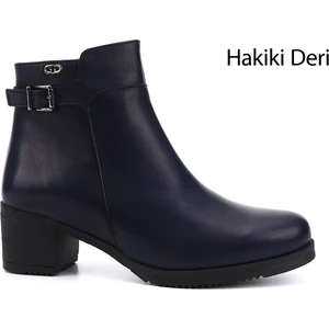 Kadın Lacivert Fermuarlı Kalın Topuklu Hakiki Deri Bot