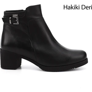 Kadın Siyah Fermuarlı Kalın Topuklu Hakiki Deri Bot