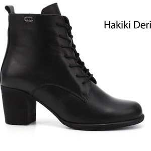 Kadın Siyah Fermuarlı Kalın Topuklu Hakiki Deri Postal Bot