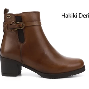 Kadın Taba Fermuarlı Kalın Topuklu Hakiki Deri Bot