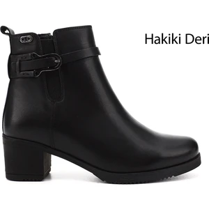 Kadın Siyah Fermuarlı Kalın Topuklu Hakiki Deri Bot