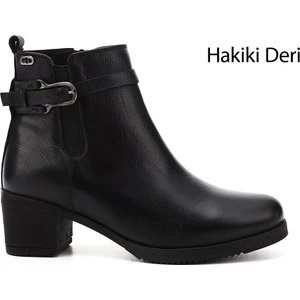 Kadın Siyah Fermuarlı Kalın Topuklu Hakiki Deri Bot