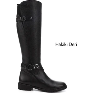 Gön Hakiki Deri Yuvarlak Burun Kauçuk Taban Topuklu Tokalı Kadın Günlük Çizme 63564