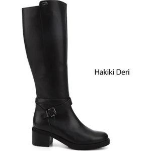 Kadın Siyah Fermuarlı Kalın Topuklu Hakiki Deri Çizme