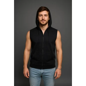 Erkek Siyah Fermuarlı Kapüşonlu Kanguru Cepli Kolsuz Yelek-Y1142