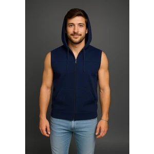 Erkek Lacivert Fermuarlı Kapüşonlu Kanguru Cepli Kolsuz Yelek-Y1142