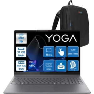 Yoga 7 2-In-1 16ILL10 Intel Core Ultra 7 258V 32GB 512GB SSD Freedos Intel Arc 140V OLED 500NITS 16" Wqxga+ (2880X1800) 120HZ Dokunmatik Y83JT0018TRF01 + Lenovo Yoga Kalem + Zetta Çanta