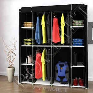 Geniş Hacimli Ultra Geniş 4 Askılı+12 Raflı Güçlendirilmiş Plastik Profilli Bez Dolap - Siyah