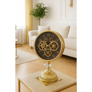 Dekoratif Masa Üstü Saat Altın, Metal Çarklı Masa Saati, Modern Ayaklı Saat Gold 25cm x 15cm
