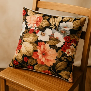 Tropikal Çiçek Desenli Kırlent Kılıfı - Siyah Zemin Turuncu Beyaz Kırmızı Çiçekli, Tela Destekli Overlok Dikişli, Gizli Fermuarlı, , Dekoratif Kılıf