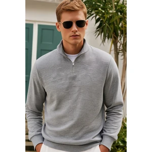 Pamuklu Erkek Sweatshirt Gri Soft Touch Relax Fit Yarım Fermuarlı Dik Yaka 3 Iplik Nefes Alan