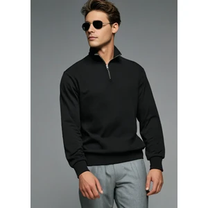 Pamuklu Erkek Sweatshirt Siyah Soft Touch Relax Fit Yarım Fermuarlı Dik Yaka 3 Iplik Nefes Alan