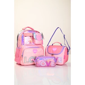 5780 Kız Çocuk Pembe 3’lü Okul Seti (Büyük Çanta + Beslenme Çantası + Kalemlik) – Love Desenli