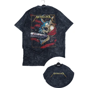 Fuddy Moda Unisex Kılıçlı Metallica Sırt Baskılı Yıkamalı Tişört, Oversize Rock-Metal Baskılı Vintage T-Shirt