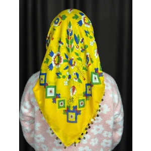 Sarı Pullu Tokat Yazması Çengelköy Deseni Eşarp - 100 x 100 cm Çeyizlik Yazma