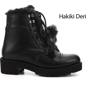 Kadın Siyah Fermuarlı Hakiki Deri Kürklü Postal Bot