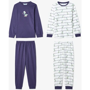 Erkek Çocuk Dino Farm Çizgili Pamuklu Uzun Kollu 2'li Pijama Takımı