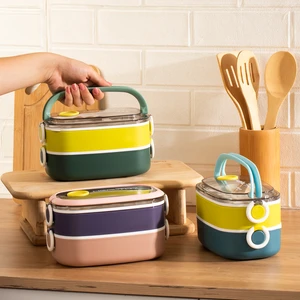 66729-2 Stainless Steel Vakumlu Lunch Box Iki Katlı Paslanmaz Çelik Kolay Kilitlenir Kendinden Kaşıklı Sefer Tası – 1300ML Yeşil-Sarı