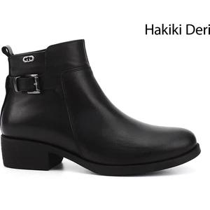 Gön Hakiki Deri Yuvarlak Burun Kauçuk Taban Topuklu Fermuarlı Tokalı Kadın Bot 48444