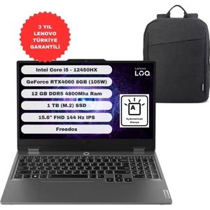 LOQ 15IAX9 GTICNT Intel Core I5 12450HX 12GB 1TB SSD RTX4060 Freedos 15.6” FHD 83GS00PHTR + Çanta Hediyeli
